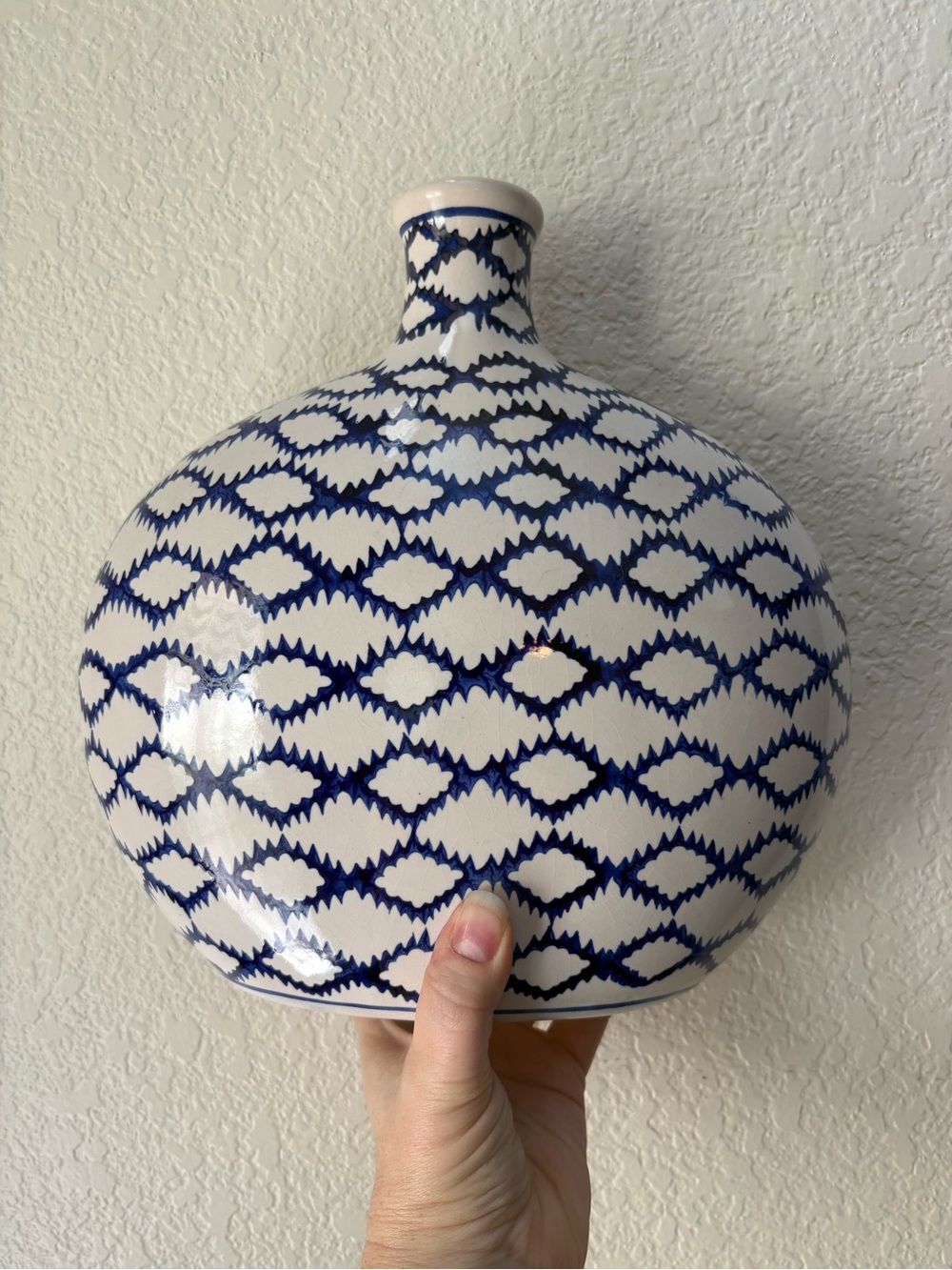 Round White Ceramic Vase with Blue Geometric Pattern